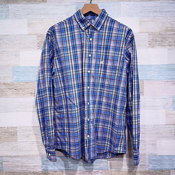 Johnnie O Twill Button Down Shirt Blue Multicolor Plaid Long Sleeve Mens Large - Picture 1 of 6